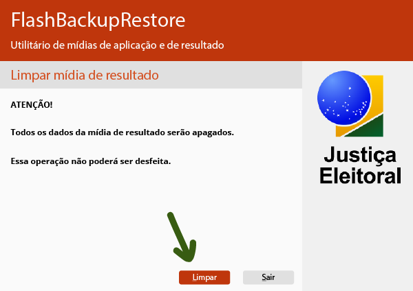 Tela do flash backup restore na opção limpar mídia de aplicação apresentando a mensagem: Atenção! Todos os dados da mídia serão apagados. Essa operação não poderá ser desfeita. Abaixo há uma seta apontando para o botão 'Limpar'.