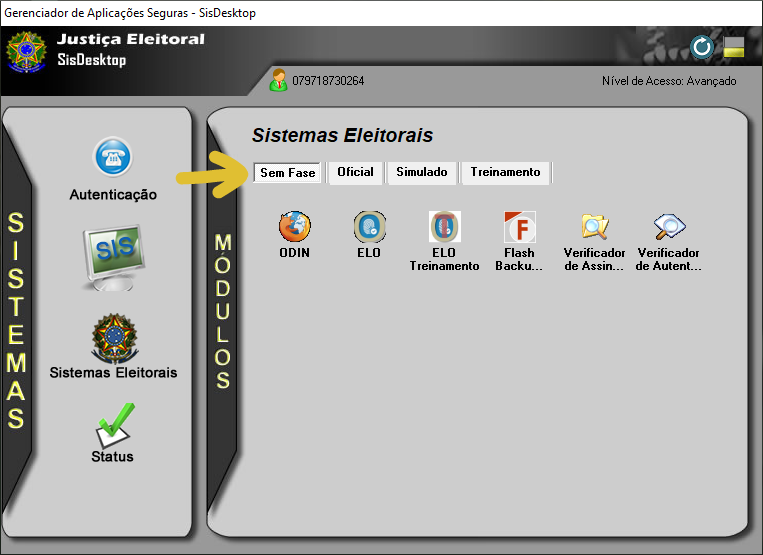 Tela SisDesktop com os ícones dos sistemas. A aba sem fase está em destaque e logo abaixo há os seguintes ícones: ODIN, ELO, ELO treinamento, Flash Backup, Verificador de assinatura e Verificador de autenticidade.