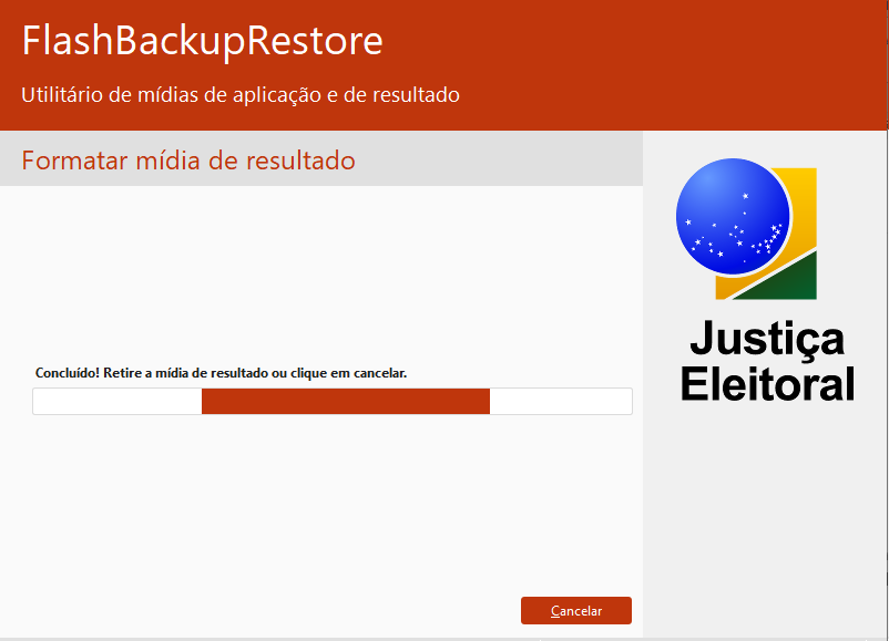 Tela do flash backup restore na opção formatar mídia de resultado apresentando a mensagem: Concluído! Retire a mídia de resultado ou clique em cancelar.