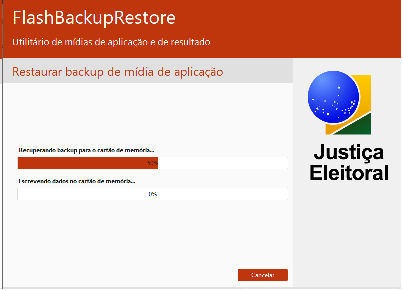 Tela do flash backup restore na opção Restaurar backup de mídia de aplicação - Mensagem: Recuperando backup para o cartão de memória... 