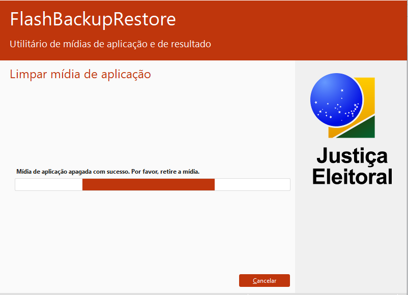 Tela do flash backup restore na opção limpar mídia de aplicação - Mensagem: Mídia de aplicação apagada com sucesso. Por favor, retire a mídia.