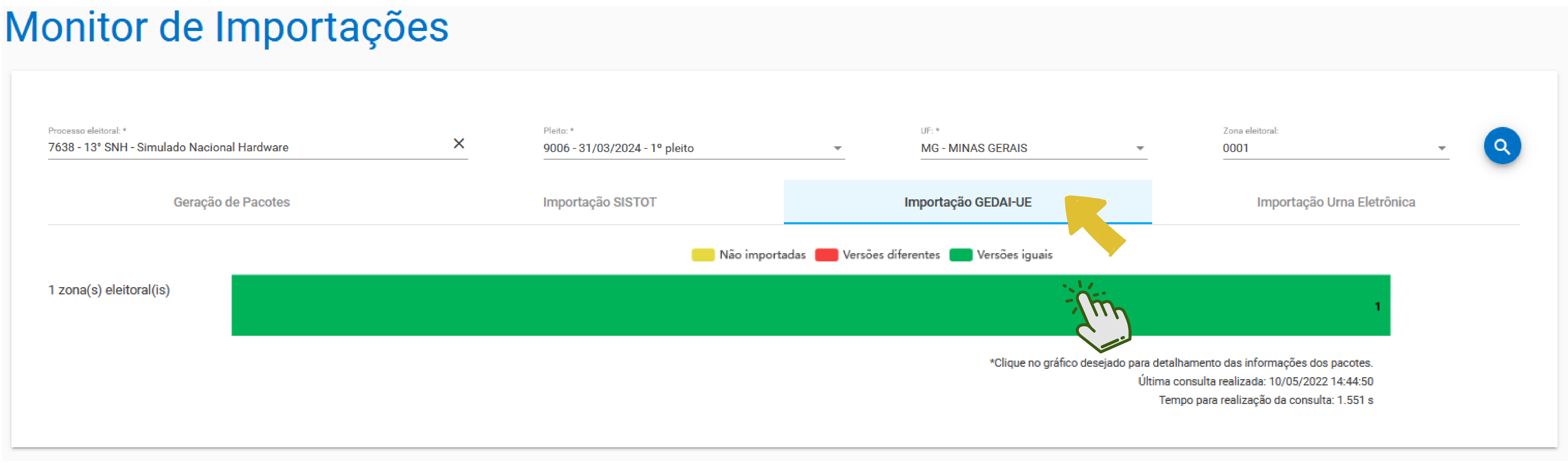 Tela do monitor de importações. Há campos a serem preenchidos e selecionados: Processo eleitoral, Pleito, UF e Zona eleitoral. O botão Importação GEDAI-UE está em destaque para ser selecionado.