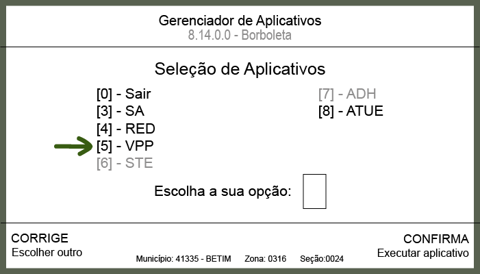 Tela principal do gerenciador de aplicativos na Urna Eletrônica