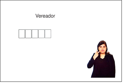 Imagem de uma tela com o escrito Verador e abaixo 5 quadradinhos em branco, onde se deve digitar o número do vereador. No canto inferior direito da tela, há uma imagem de uma mulher fazendo sinais em libras.