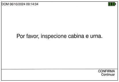 Imagem da tela da urna com os dizeres: Por favor, inspecione cabina e urna.