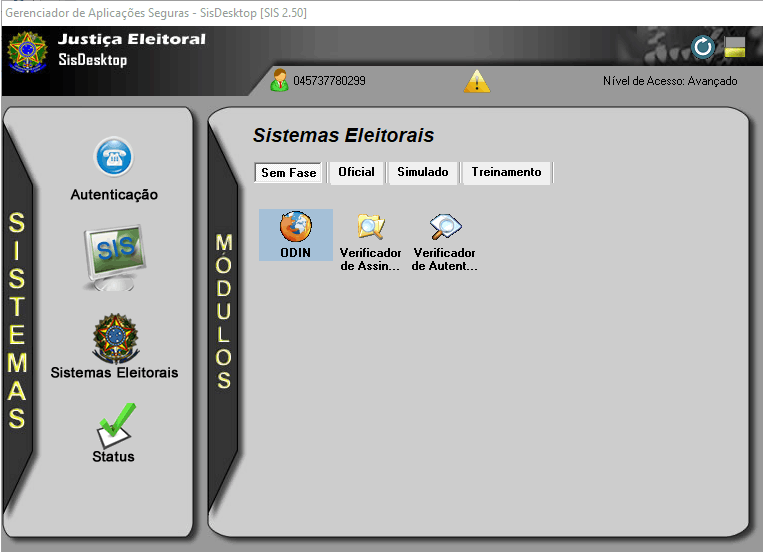 Imagem da tela do SisDesktop: Com destaque em Sistemas Eleitorais na aba de sistemas à esquerda. Na aba Módulos, à direita, está destacada a aba 'Sem fase' e logo abaixo está o Sistema ODIN em destaque.