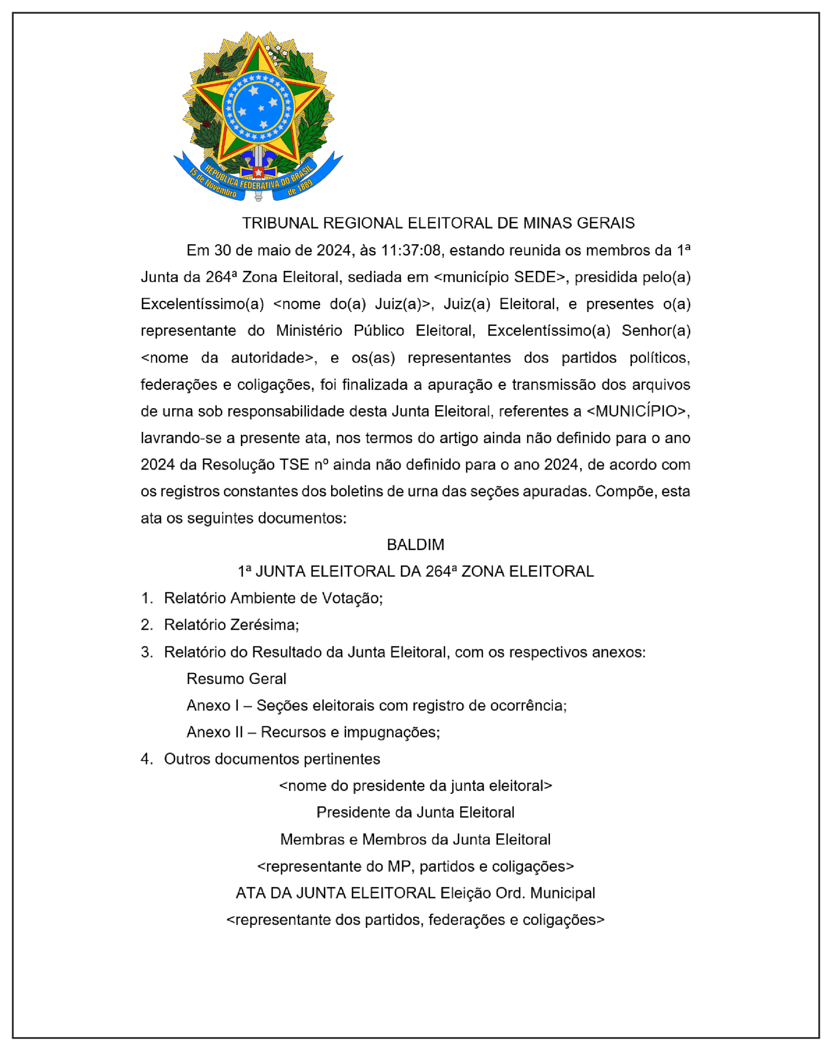 Modelo de ata da Junta Eleitoral.