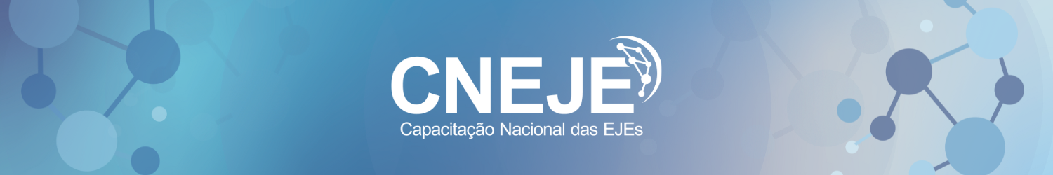 Imagem em tons de azul com a inscrição “CNEJE – Capacitação Nacional das EJEs”, sobre fundo com formas de conexões em rede.